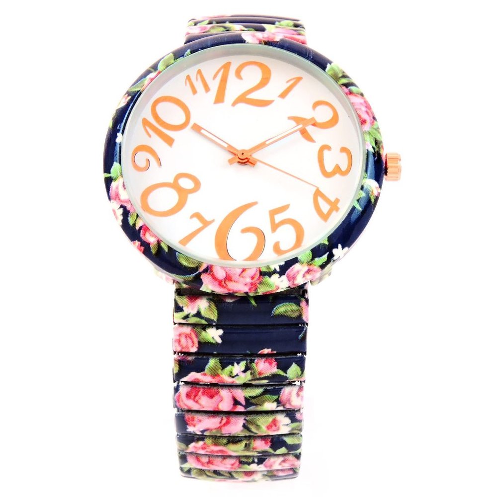 Blue Roses Floral Large Face Stretch Band Watch - Picture 2 of 4